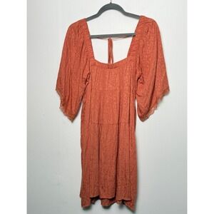 Wild Moss Baby Doll Orange‎ Tiered Square Neck Lace Trim Flowy Sleeve Mini Dress